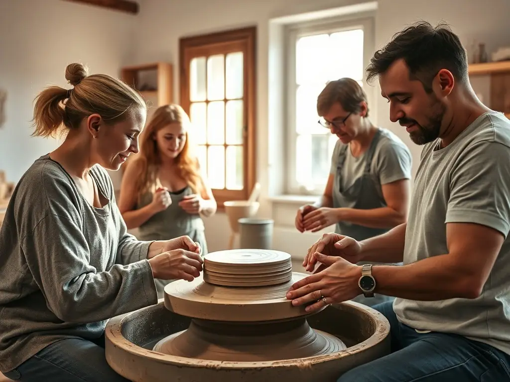 A group of people participating in a pottery workshop, focusing on hands shaping clay on a spinning wheel, with natural light coming through a window.