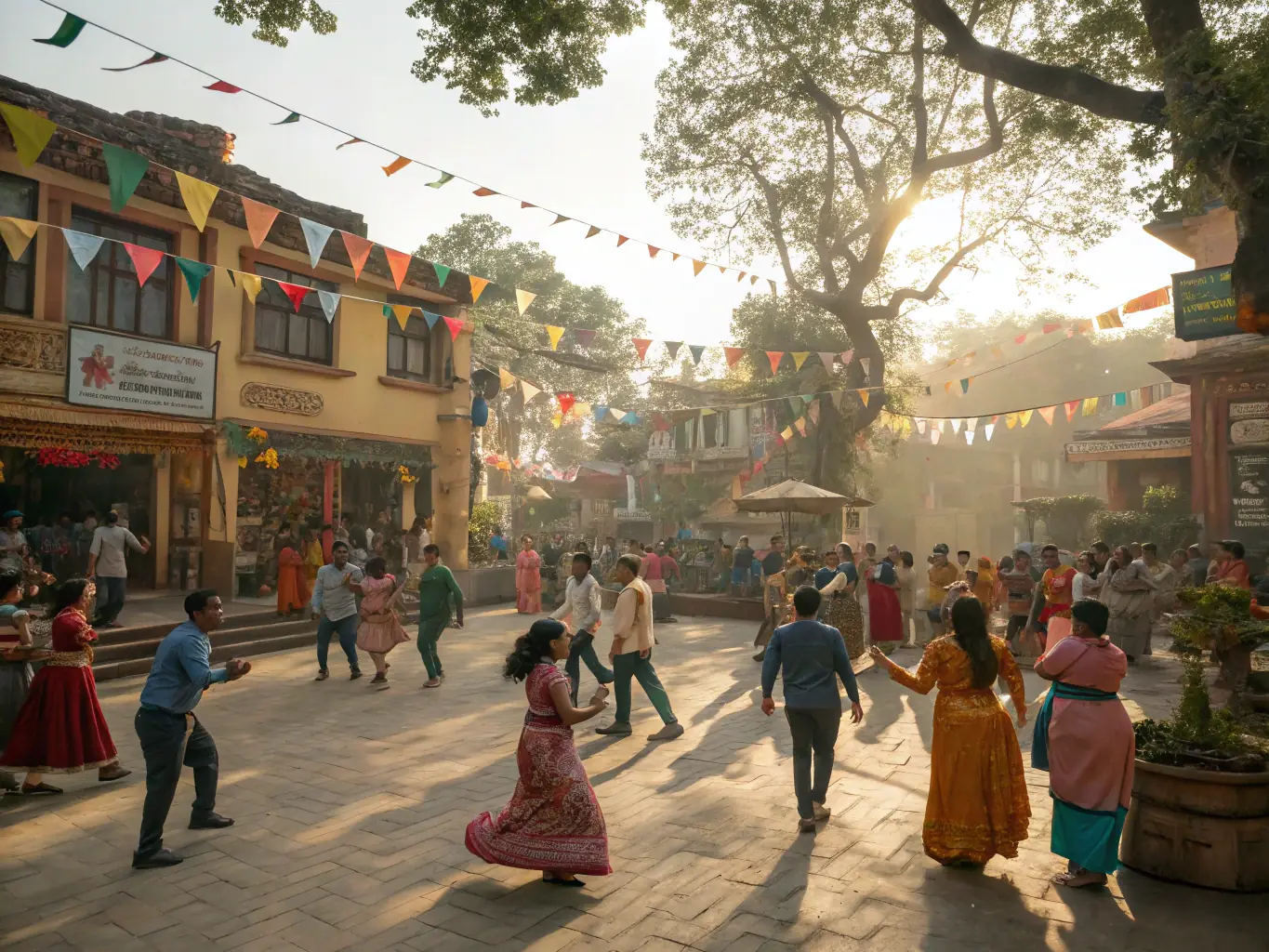 A vibrant scene from a community cultural festival, featuring traditional music, dance, and colorful costumes, set in a public square.