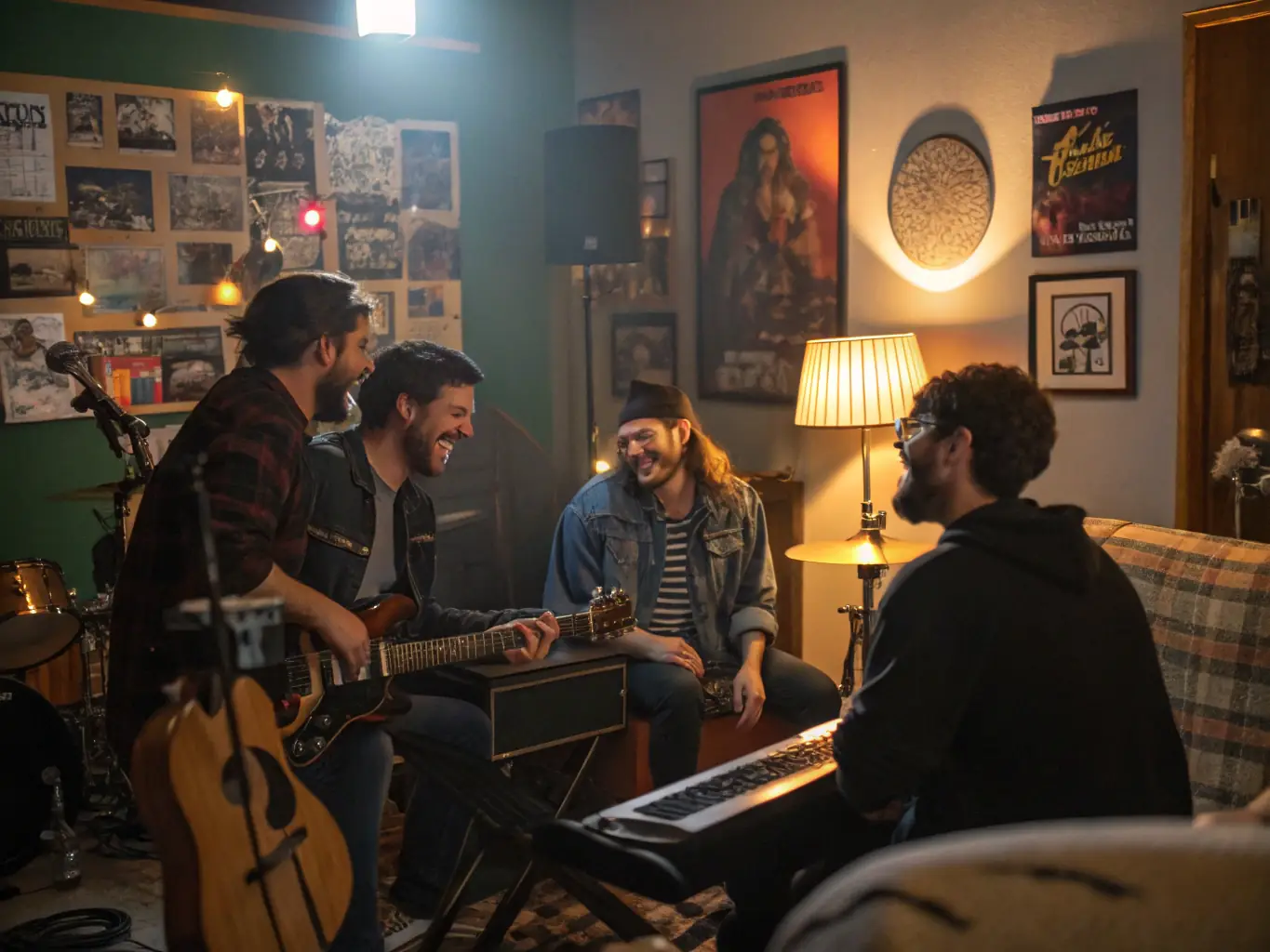 A dynamic image of a group participating in a music workshop, playing various instruments and learning from an instructor.